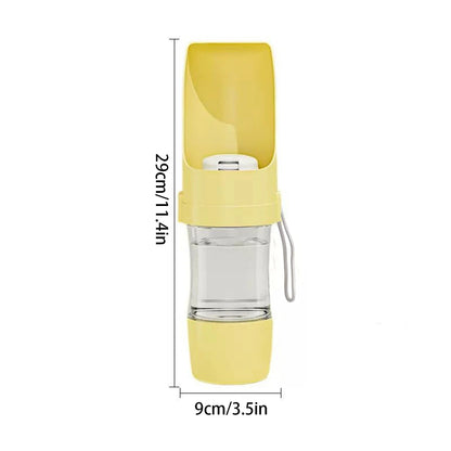 Yellow portable dog water bottle with food container for pets, 29cm tall and 9cm wide, for outdoor travel