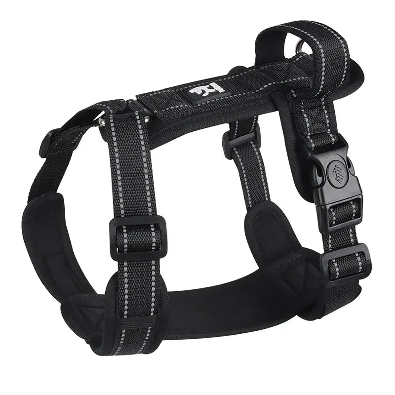 Black no pull dog harness with handle for small medium dogs, buckle closure, polyester blends, secure fit for walks and hiking