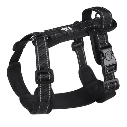 Black no pull dog harness with handle for small medium dogs, buckle closure, polyester blends, secure fit for walks and hiking