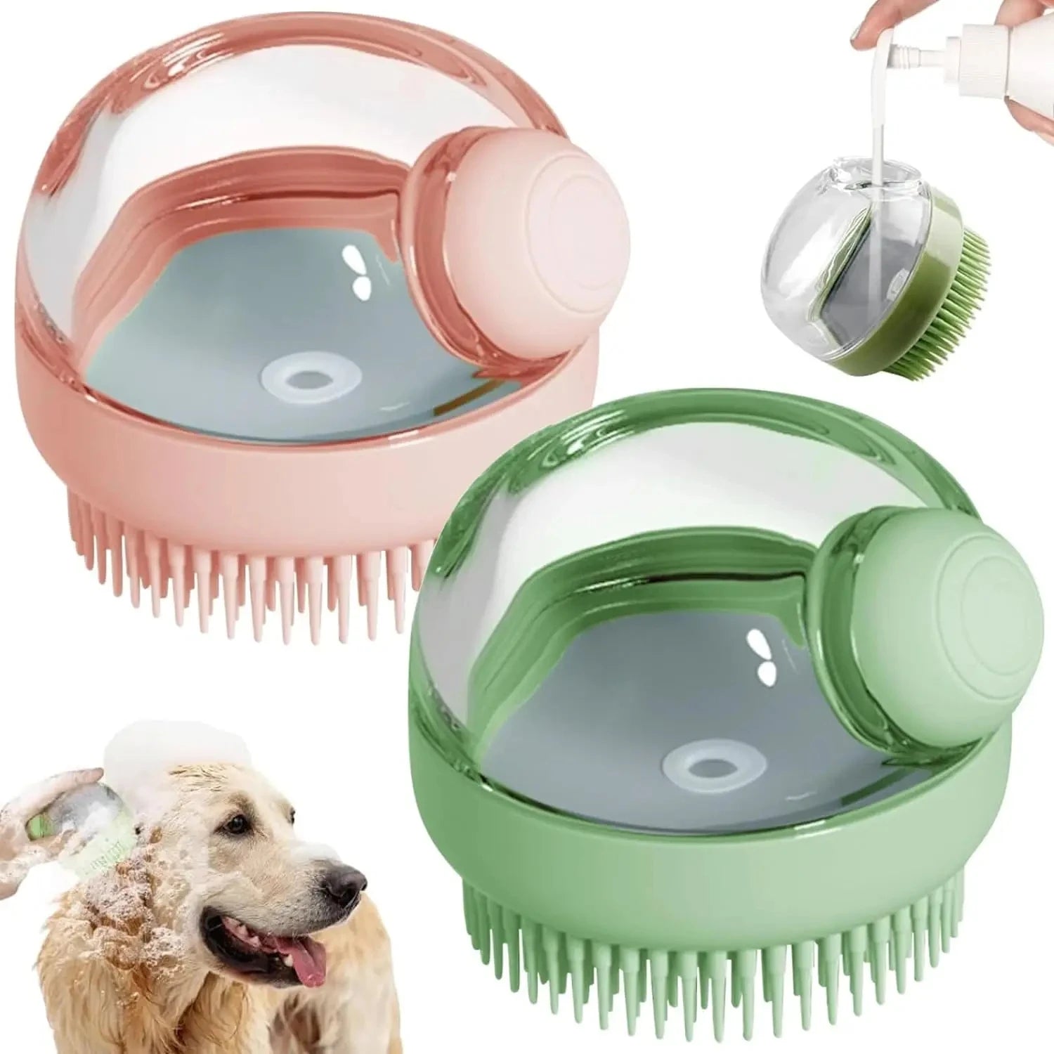 dog shower brush with shampoo dispenser for pet grooming, bath cleaning, and massage for long hair dogs and cats