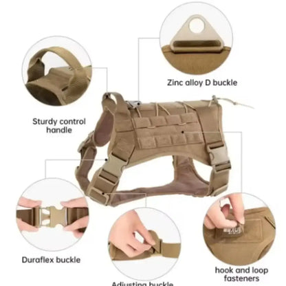 military training dog harness with sturdy control handle, zinc alloy D buckle, Duraflex buckle, and hook and loop fasteners