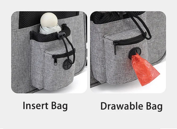 Expandable pet backpack carrier with insert bag and drawstring waste bag pocket for cats and dogs