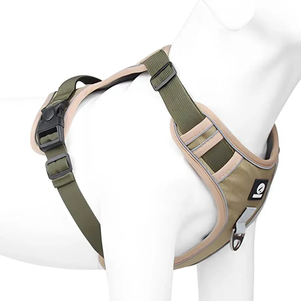 Adjustable reflective dog harness for medium to large dogs, olive vest-style Oxford cloth harness with buckles