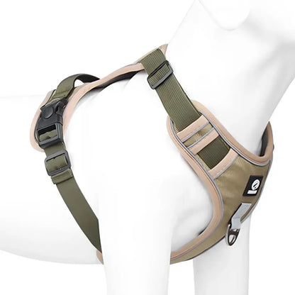 Adjustable reflective dog harness for medium to large dogs, olive vest-style Oxford cloth harness with buckles