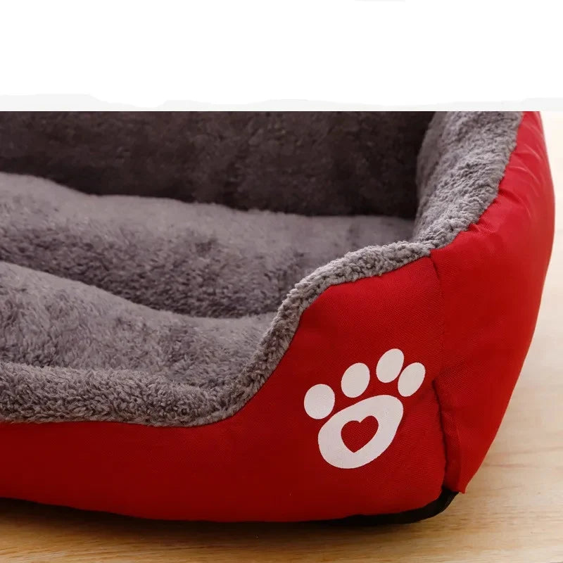 large dog bed house red pet kennel with soft gray plush interior and paw print design