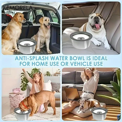 Dogs using anti-splash water bowl in car and home, ideal for travel or indoor pet hydration.