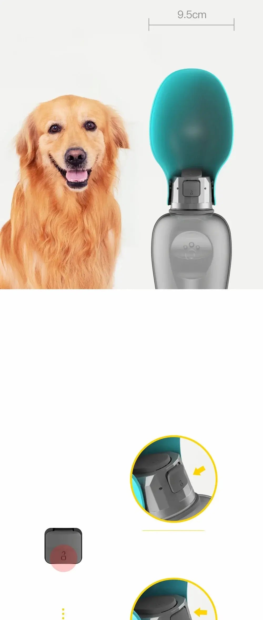 Portable dog water bottle for large dogs, 800ml travel pet water dispenser with anti-choke trough and ergonomic design