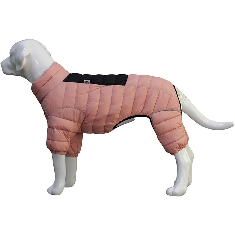 Dog mannequin wearing pink and black quilted dog jacket with full leg coverage