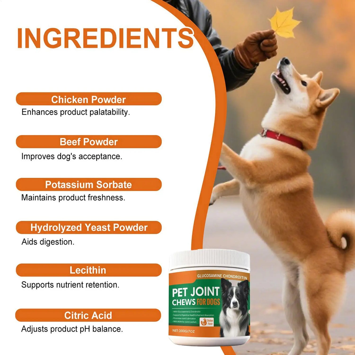 Dog reaching for treat outdoors next to pet joint chews for dogs ingredients list.