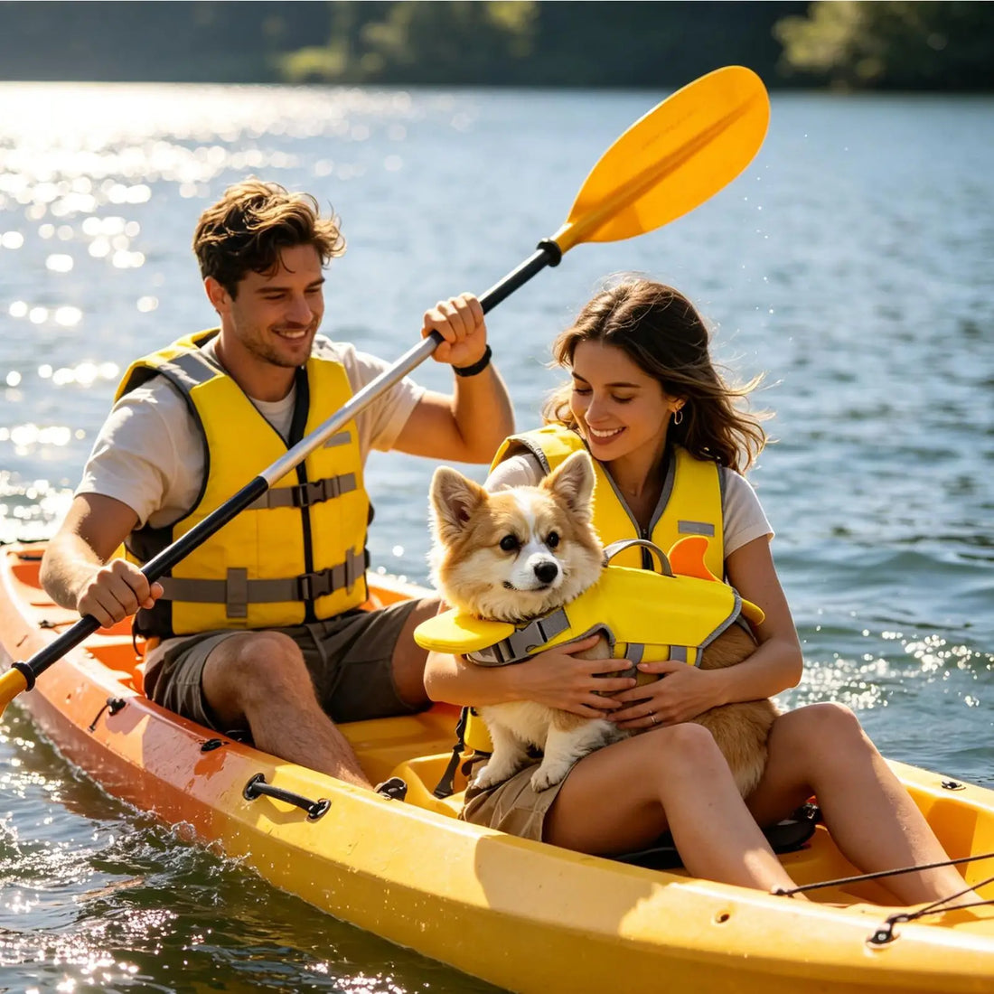 Couple kayaking with dog wearing adjustable dog life jacket for safe water adventures on lake