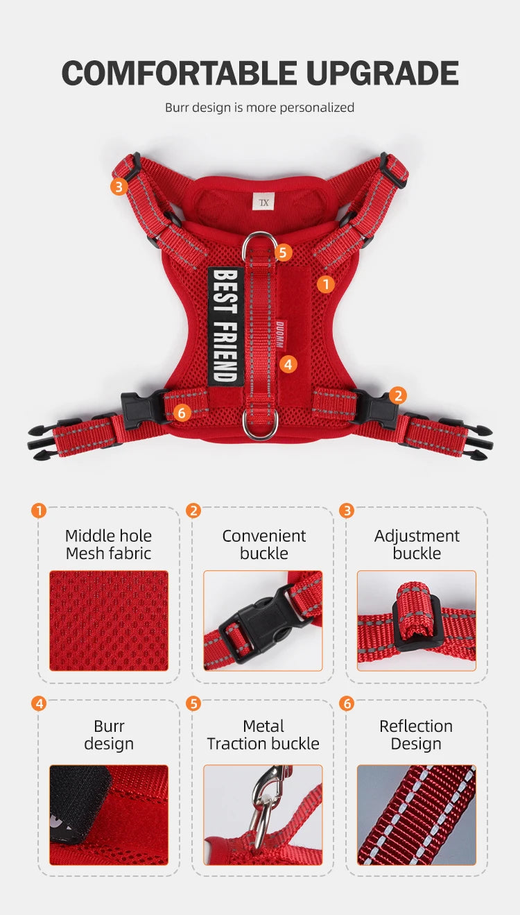 reflective dog harness and leash set red vest harness with adjustable buckle, breathable mesh, and reflective design for small dogs
