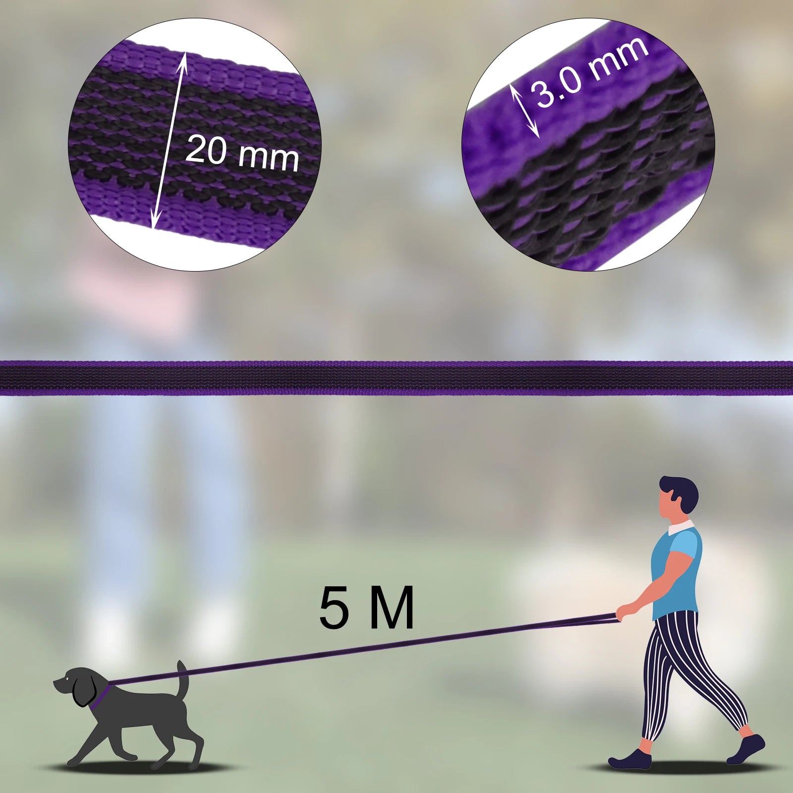 adjustable dog training leash 5m purple nylon dog leash for medium and large dogs, 20mm wide