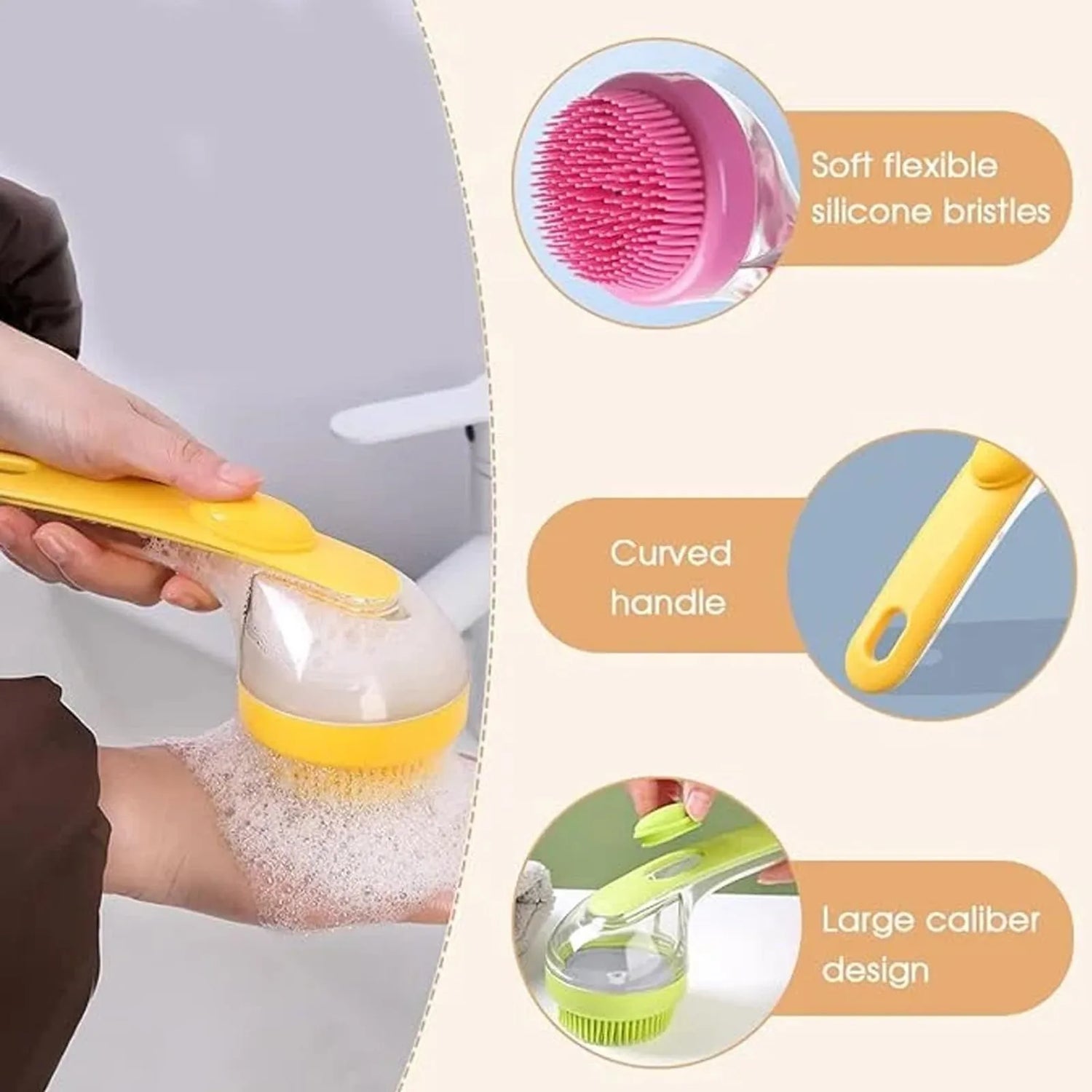 pet bath brush with shampoo dispenser for dogs and cats, soft silicone bristles, curved handle, gentle grooming and cleaning