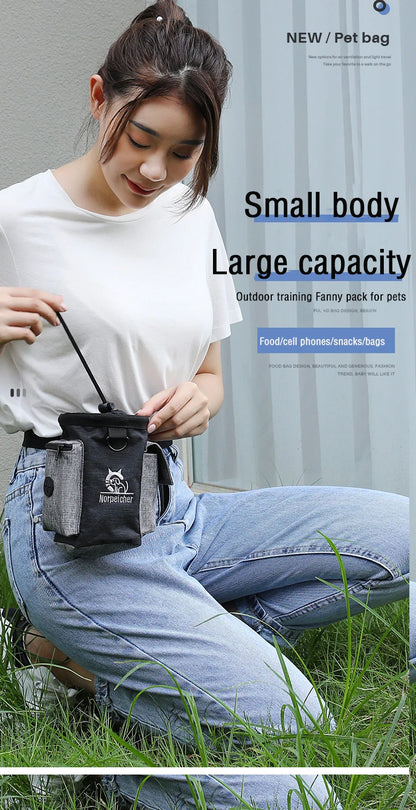 Woman sitting on grass wearing a pet training treat pouch fanny pack with pockets.