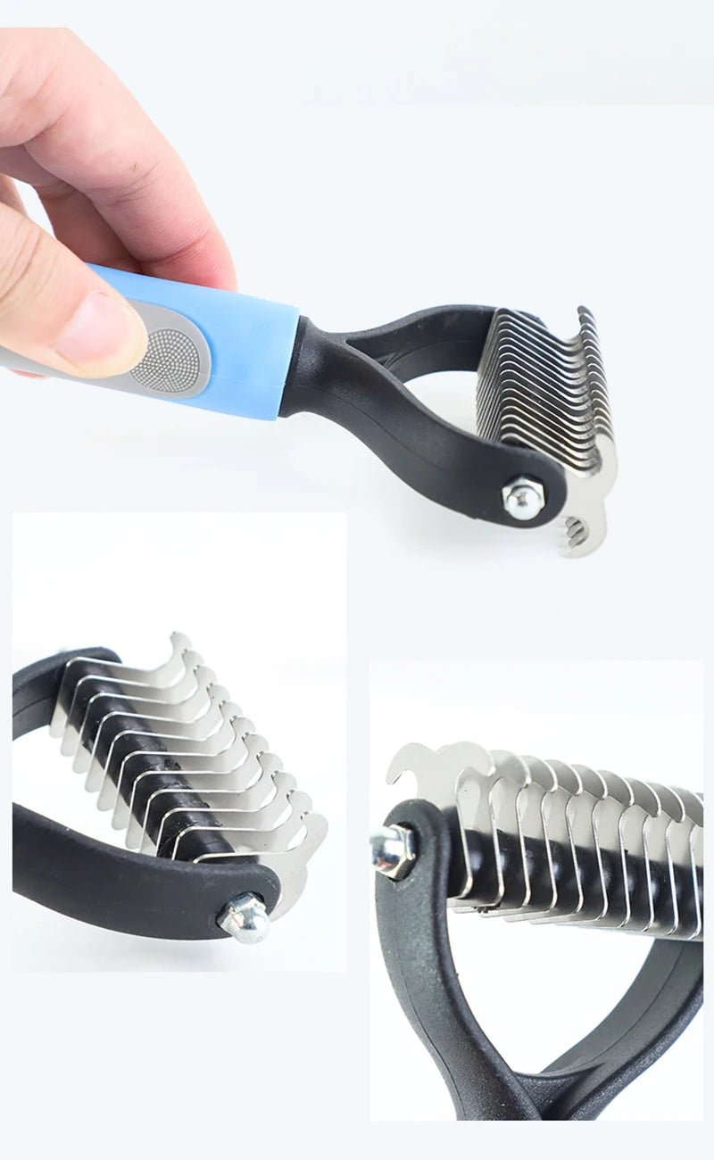 double sided pet deshedding brush for dogs and cats, stainless steel grooming tool reduces shedding and prevents hair knots