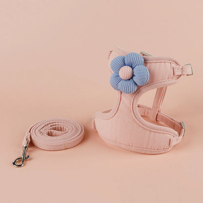 adjustable small dog harness and leash set pink flower cat harness breathable puppy traction accessory 03 pink