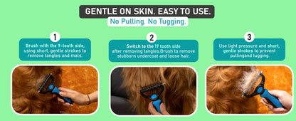 pet deshedding brush with dual-sided teeth, gentle on skin, removes tangles, mats, and loose dog hair