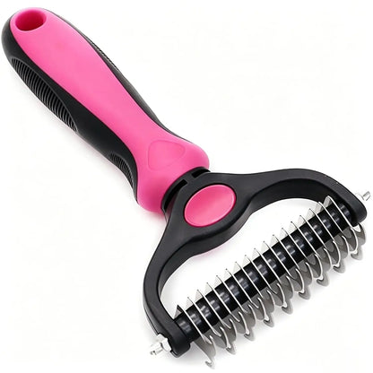 Pink and black pet deshedding brush with dual-sided rake comb for dog and cat grooming, mat removal, and shedding control