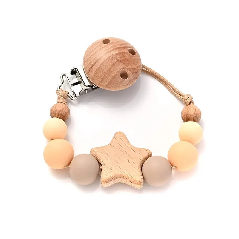 Color 10 wooden pacifier clip teether with pentagram wood charm and silicone round beads, baby soother chew toy for 0-24m