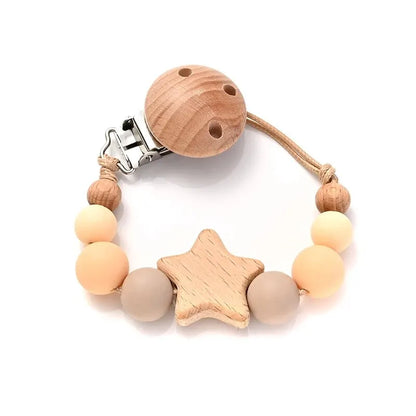 Color 10 wooden pacifier clip teether with pentagram wood charm and silicone round beads, baby soother chew toy for 0-24m