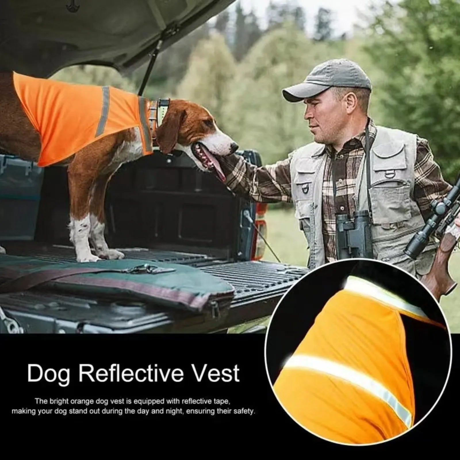 Dog wearing bright orange reflective vest beside a person outdoors, safety gear visible.