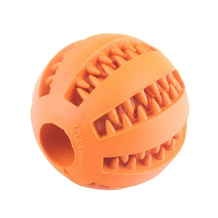 nontoxic dog chew toy ball orange rubber bite resistant treat feeder for dogs and puppies, tooth cleaning chew toy