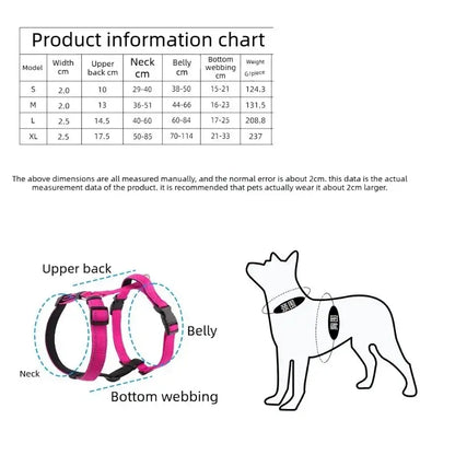 dog harness vest size chart with chest, neck, and back measurements for small to large dogs