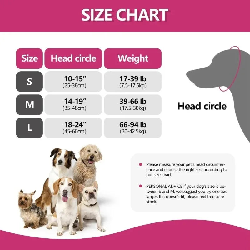 Dog head circumference size chart with measurements, weights, and group of different dog breeds.