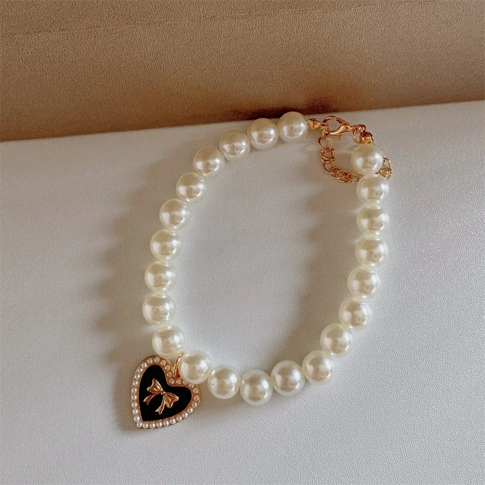 pet pearl necklace collar for cats and dogs, white pearl beaded luxury collar with heart charm, color 10