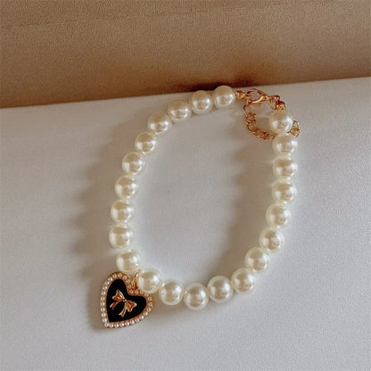 pet pearl necklace collar for cats and dogs, white pearl beaded luxury collar with heart charm, color 10