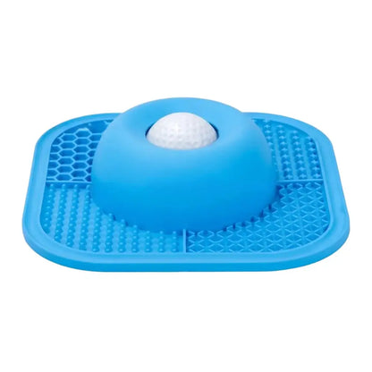 Blue resin slow feeder dog bowl with textured anti-slip surface and interactive rolling ball for puppy licking