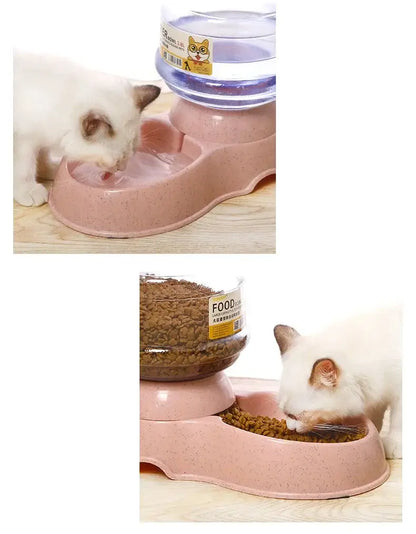 Pet water dispenser with feeding bowl for cats and dogs, plastic automatic feeder and water bottle design