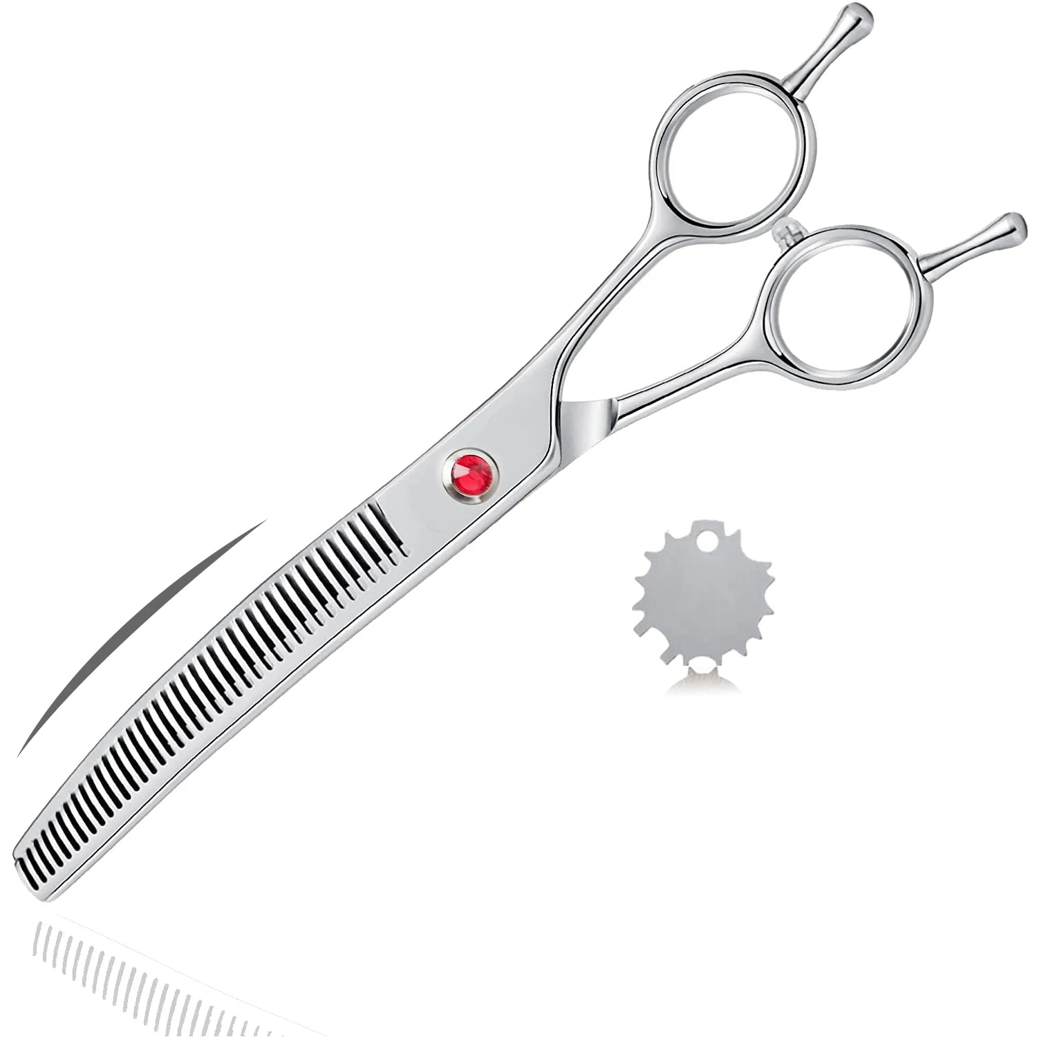 Stainless steel dog grooming thinning shears with adjustable tension and red gem accent
