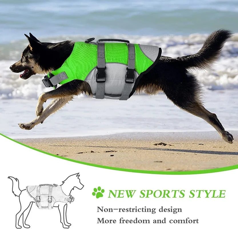 Adjustable dog life jacket in vibrant green, ensuring safety and comfort for dogs while swimming.