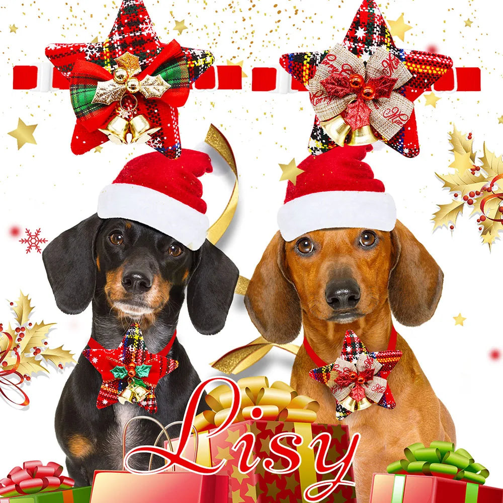 Christmas dog bowties with bell for dogs and cats, festive adjustable pet collar accessories with Santa hats