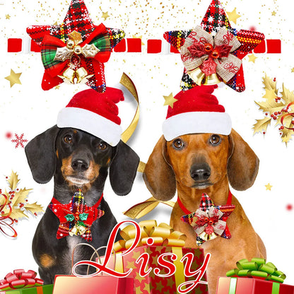 Christmas dog bowties with bell for dogs and cats, festive adjustable pet collar accessories with Santa hats