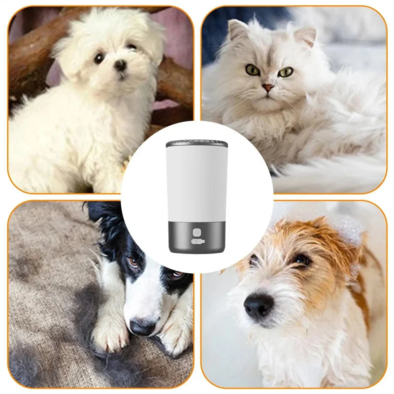 automatic pet paw cleaner for dogs and cats with soft silicone brush, USB-C rechargeable portable waterproof washer cup