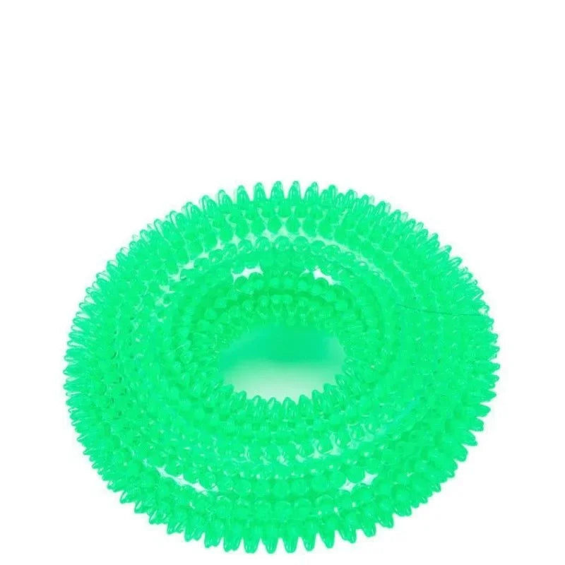 Green spiked rubber dog chew toy ring, durable dog accessory for interactive play
