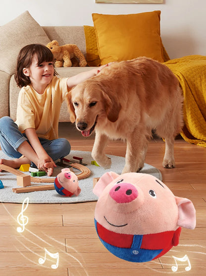interactive squeaky dog toy plush bouncing ball for indoor play with child and golden retriever