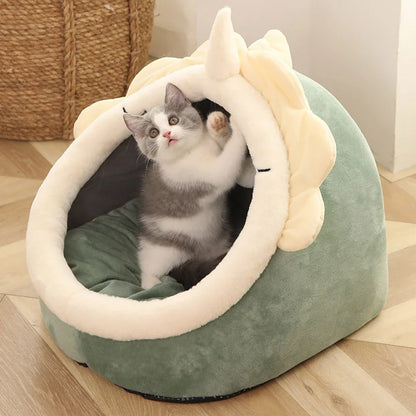 foldable washable cat bed with cute animal-ear design and cozy semi-closed cave for small cats and dogs