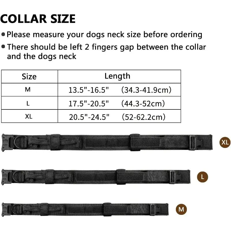 tactical dog leash collar size chart with adjustable M L XL sizes and black quick-release dog collars