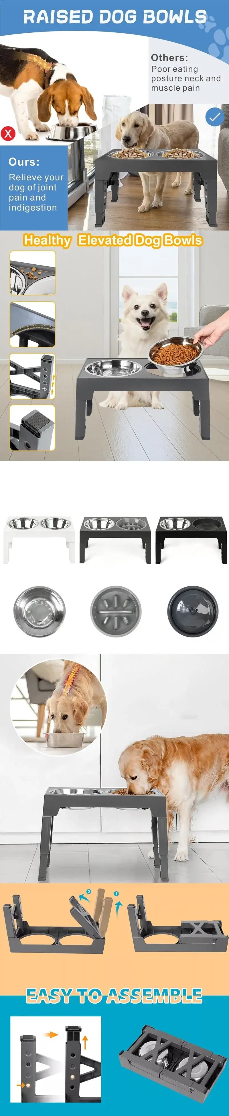 adjustable elevated dog feeder with raised stand, slow food bowl, and water feeders for large and medium dogs