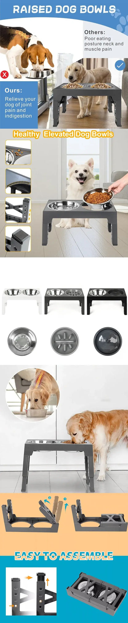 adjustable elevated dog feeder with raised stand, slow food bowl, and water feeders for large and medium dogs