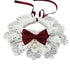 Elegant dog lace collar with burgundy bow, pearl charm, and white floral lace ruffles.