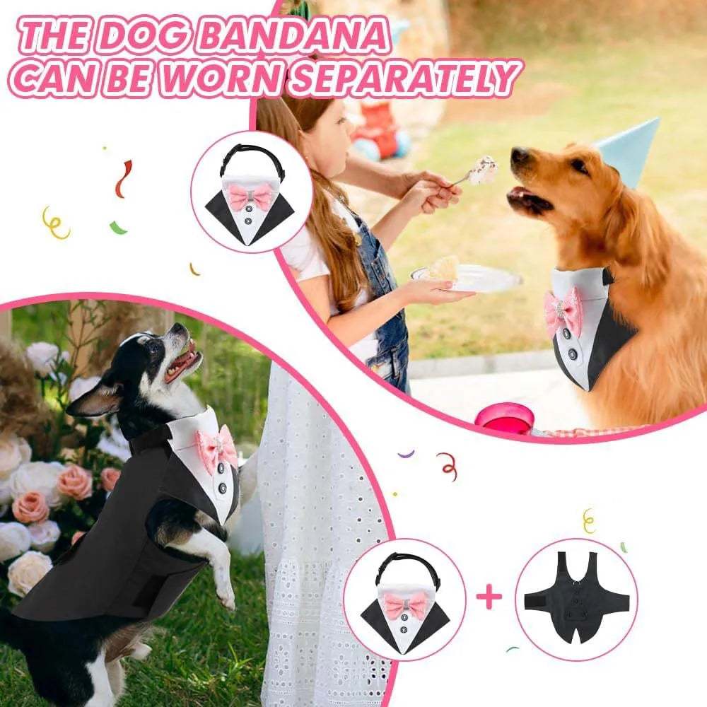 pet tuxedo outfit for dogs with matching collar and detachable bandana, premium formal party costume