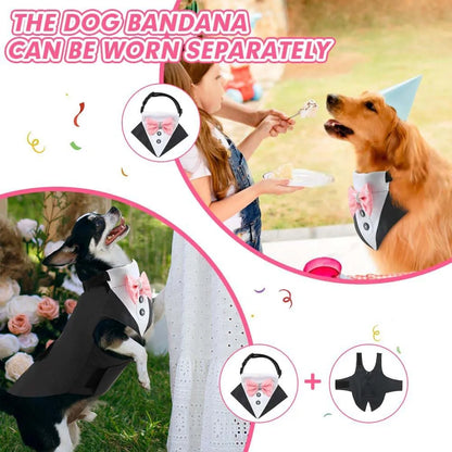 pet tuxedo outfit for dogs with matching collar and detachable bandana, premium formal party costume