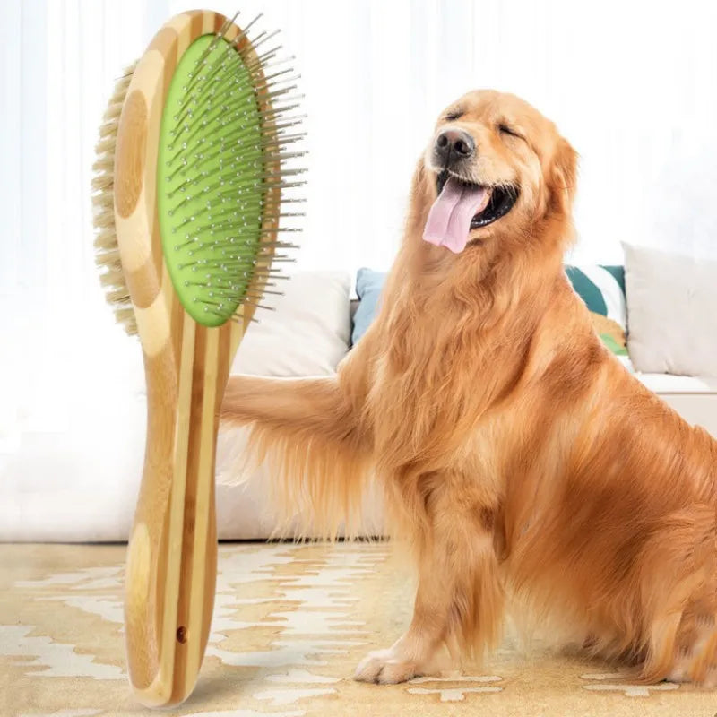 Dog Brush Bamboo Dogs Comb Double-sided Dogs Hair Brush Pet Grooming Massage Comb Stainless Steel Dog Hair Remover Pet Supplies