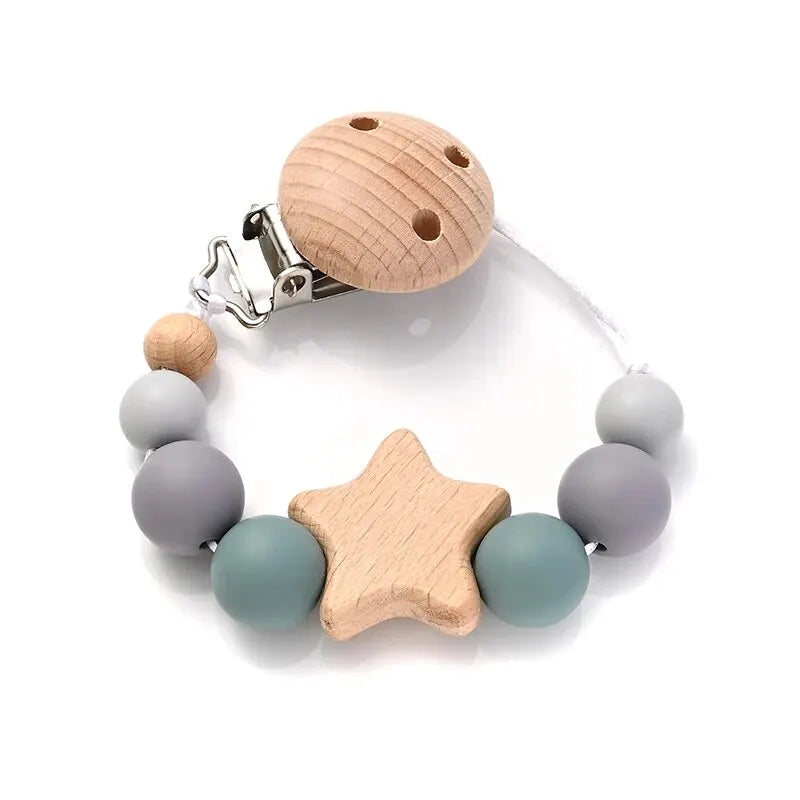 wooden pacifier clip teether with wood pentagram and silicone round beads, Color 1, for babies 0-24 months