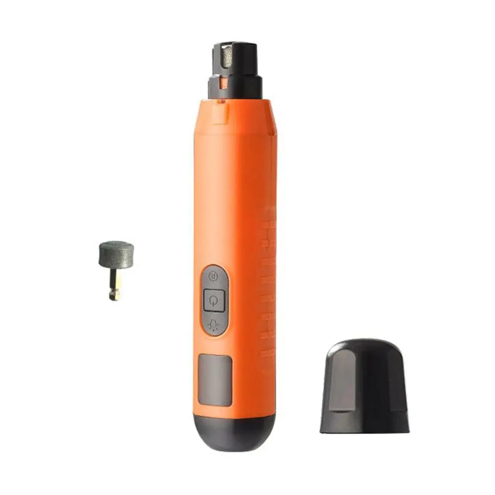 Orange electric pet nail grinder with 5 speeds, low-noise rechargeable grooming tool for dogs and cats
