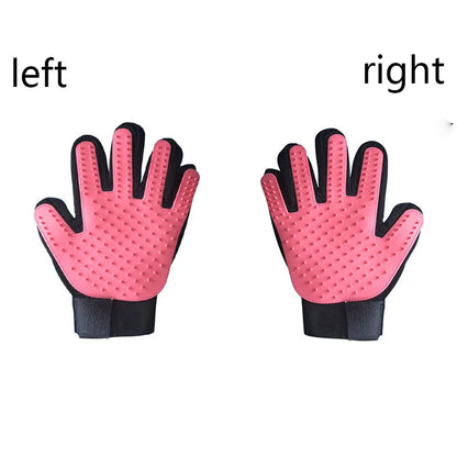 Pink left and right pet hair remover glove with silicone grooming brush for dogs and cats, deshedding and massage